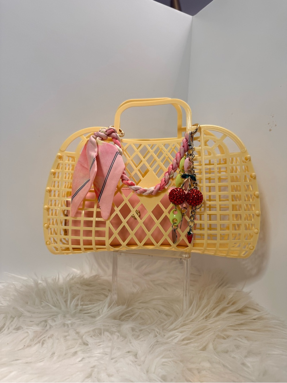Yellow Lattice Tote with Pink Scarf and Cherry Charm